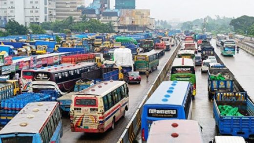 waterlogged-road,-disorderly-vehicular-movement-lead-to-8km-tailback-on-dhaka-ctg-highway-after-rainfall